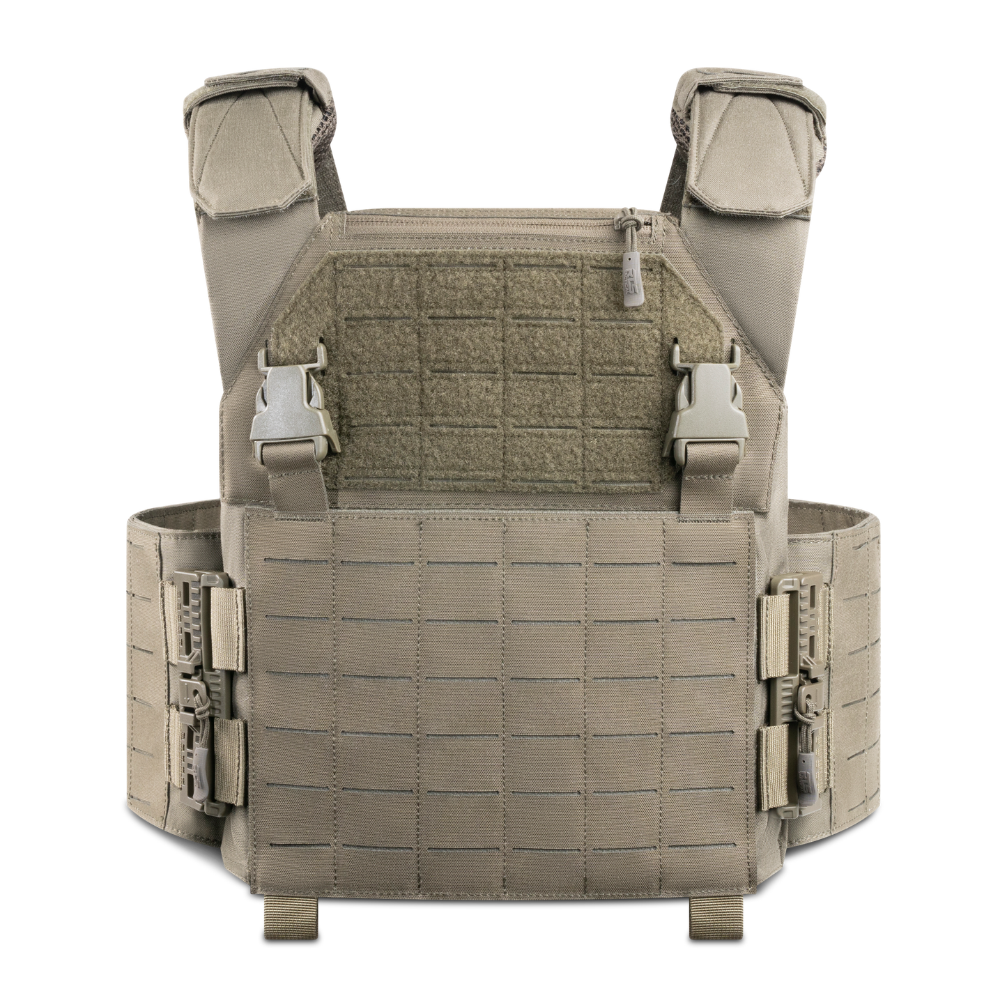 Tan tactical vest with multiple compartments and adjustable straps, designed for utility and protection.