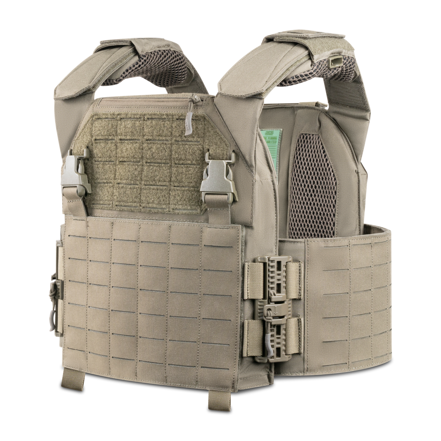 Beige tactical vest with MOLLE webbing, adjustable straps, and mesh panels for ventilation, designed for military or tactical use.