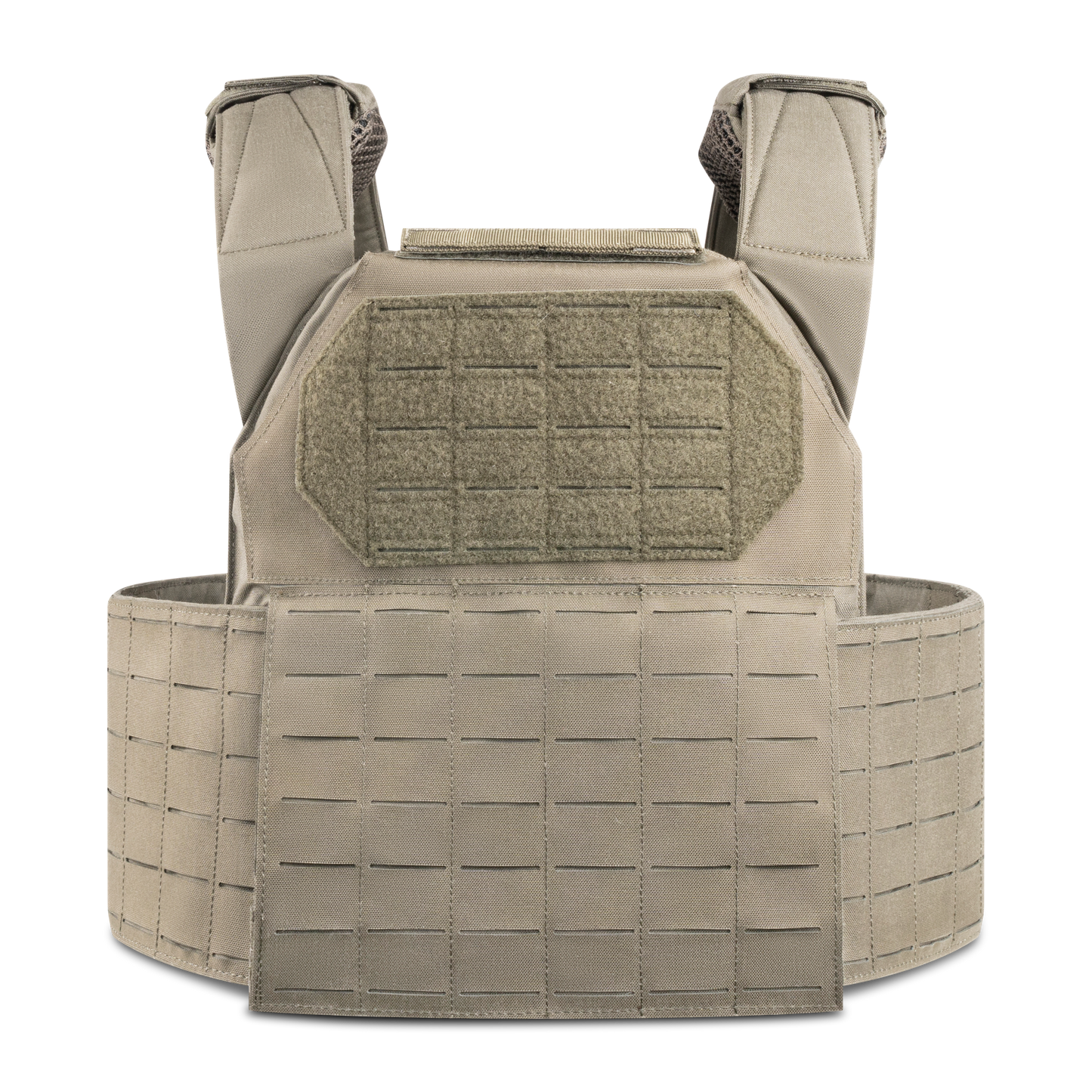 Minimalist tactical bulletproof vest in tan, featuring modular attachment points