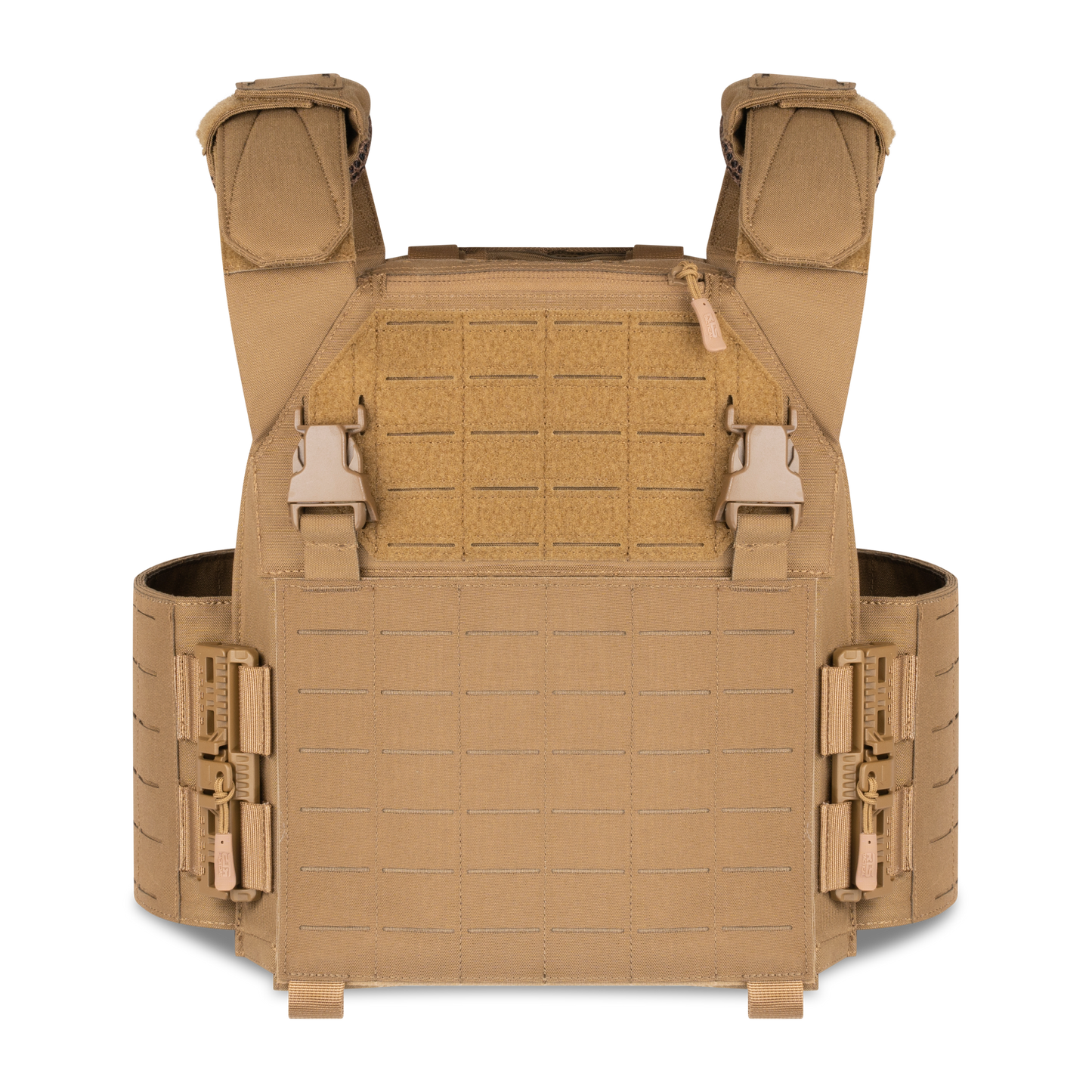 Tan tactical vest with adjustable straps, pockets, and MOLLE webbing for gear attachment, suggesting durability and functionality in outdoor settings.