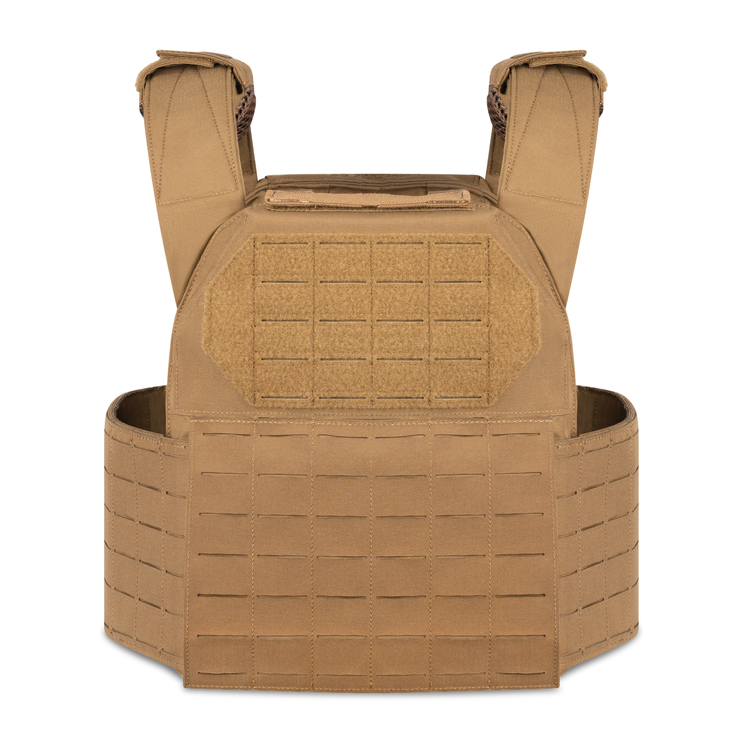 Tan tactical vest with reinforced shoulder straps and front panel featuring grid-like stitching and hook-and-loop fasteners.