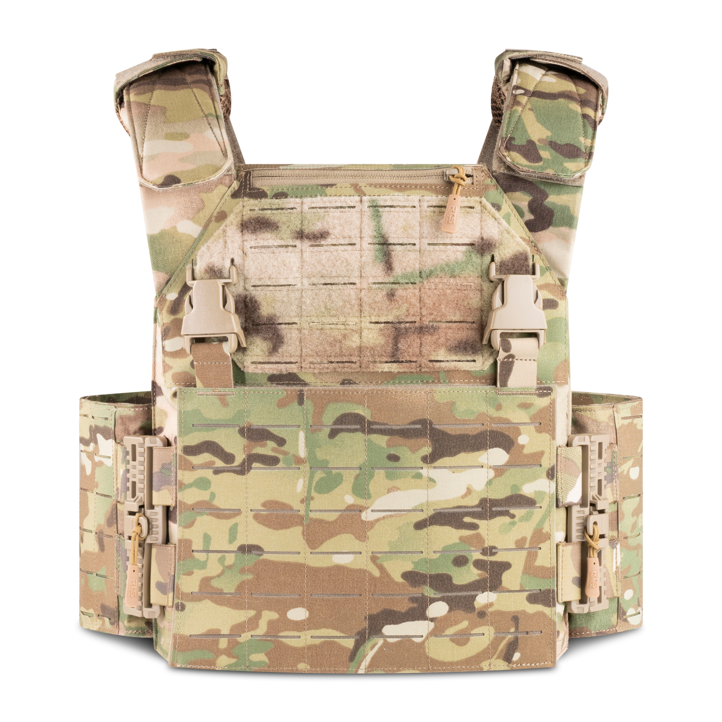 Camouflage tactical vest with adjustable straps and multiple buckles.