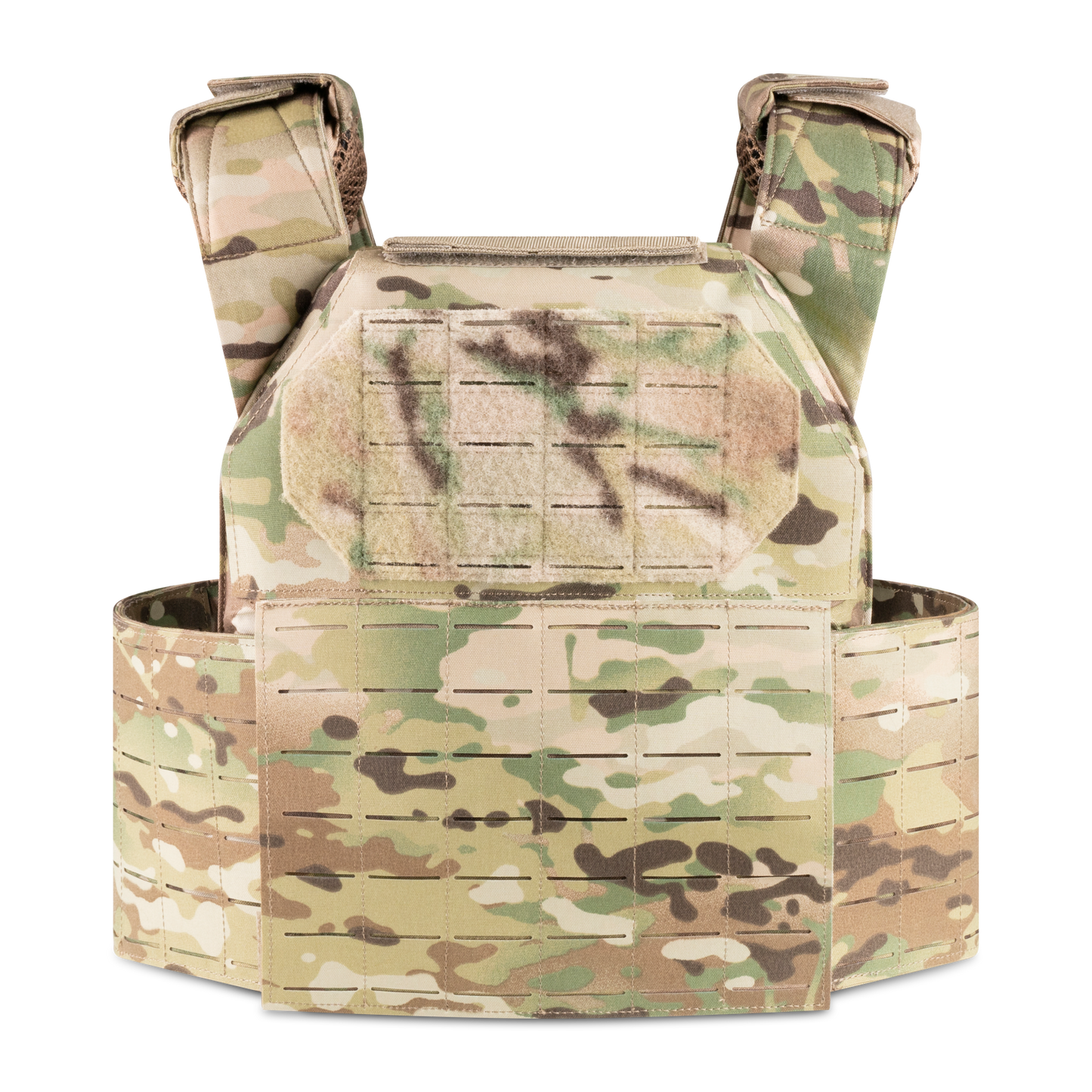 A military tactical vest with a camouflage pattern and modular webbing for attaching gear.
