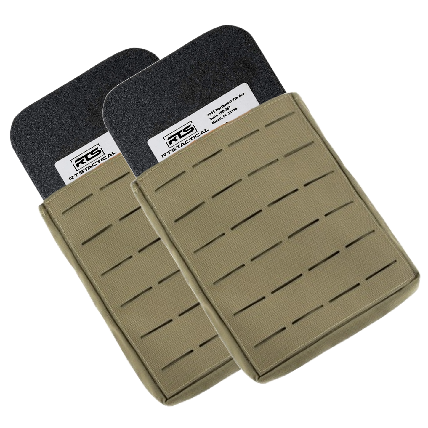 Two tan tactical pouches, each holding a black armor panel partially exposed with a white label.