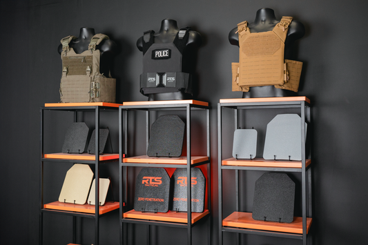 RTS Tactical display of bulletproof vests for personal protection.