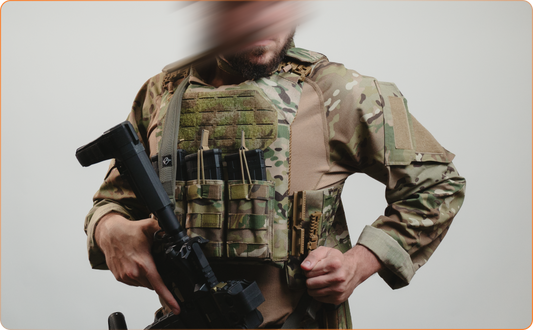 A camo tactical plate carrier with mag pouches on the front from RTS Tactical.