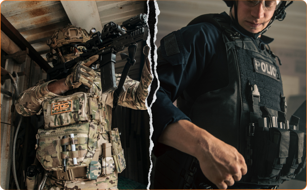 Men in uniform showcasing the key differences between plate carriers and tactical vests.