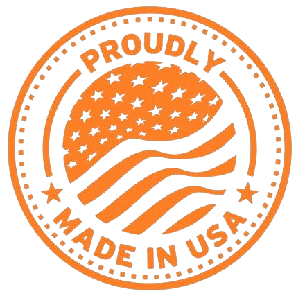 An orange badge showing a product is proudly made in the USA.