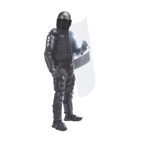 A person in a full-body riot suit holding a shield. 