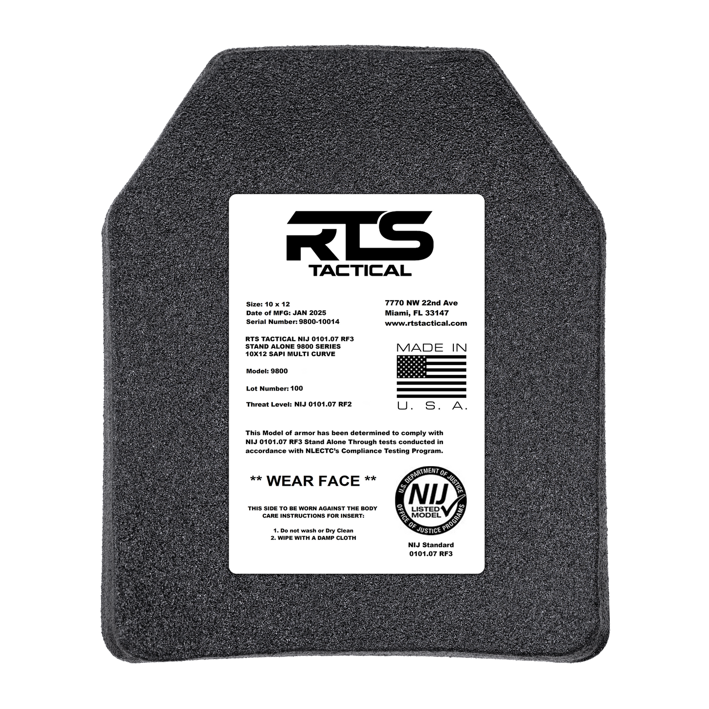 RTS Tactical NIJ 07 RF3 Stand Alone 9800 Series 10x12 SAPI Multi Curve