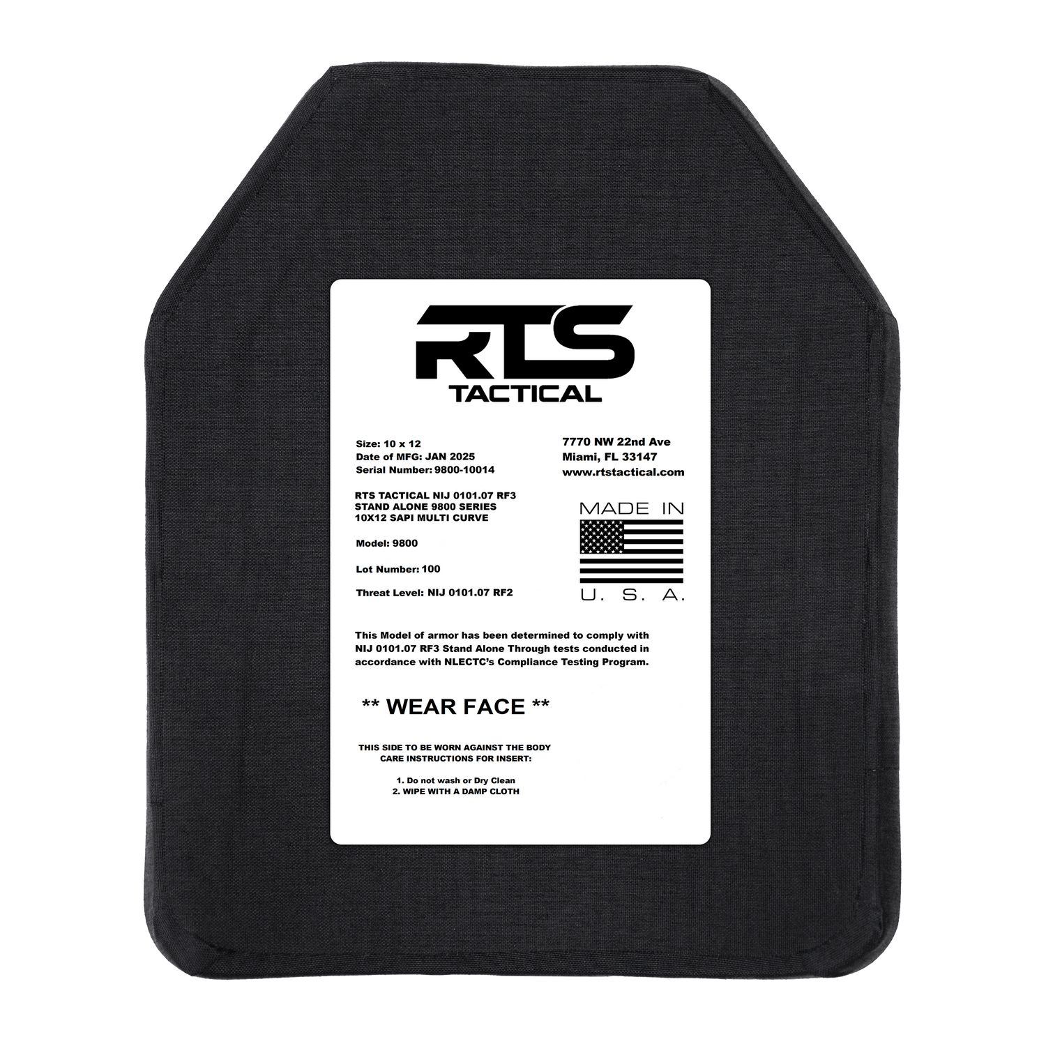 A tactical body armor plate with a white label on the front. The label includes product details, manufacturing standards, and origin