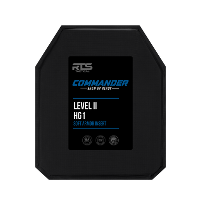 Level II HG1 Soft Armor Insert labeled "RTS Tactical Commander Show Up Ready with three certification icons.