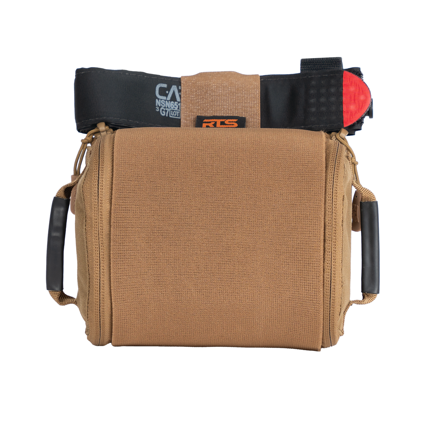 The back of the RTS Tactical Rapid Deploy IFAK in the color Coyote brown.