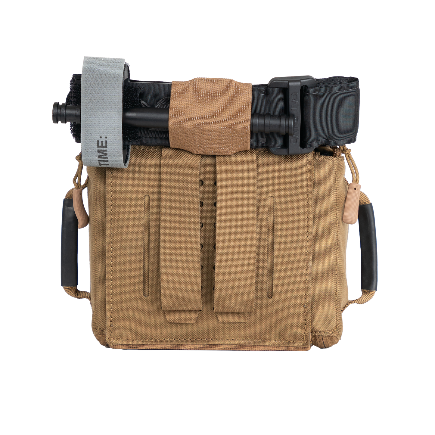 The RTS Tactical Rapid Deploy IFAK in the color Coyote brown with a tourniquet attached to the top.