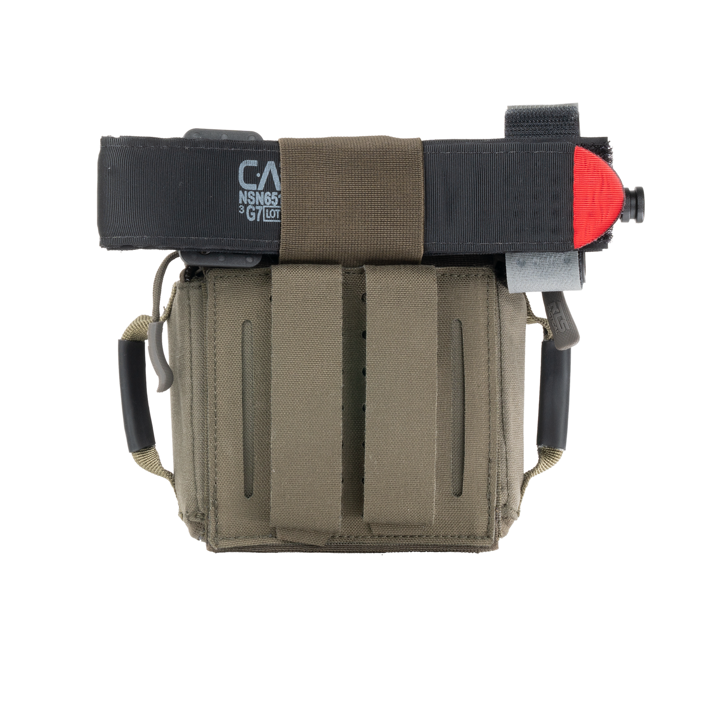 The RTS Tactical Rapid Deploy IFAK Mini with a tourniquet attached to the top.