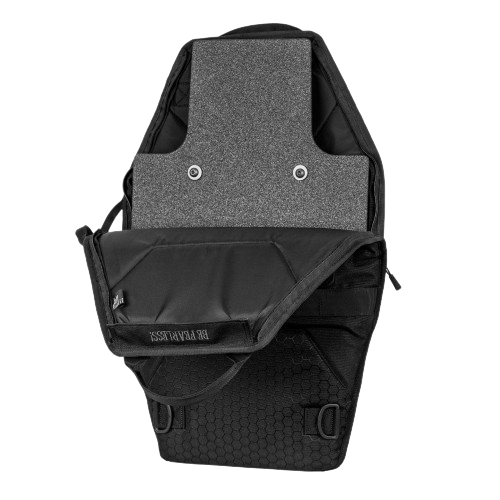 The black mini shield in the heavy-duty quick-release strapping system carrying bag.