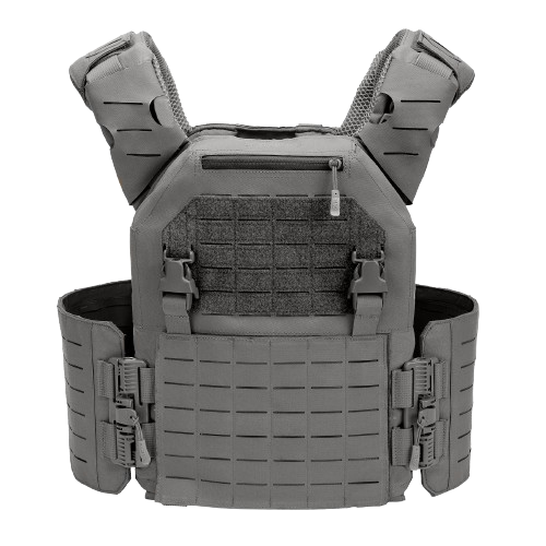 A gray plate carrier with quick release buckles and MOLLE webbing.