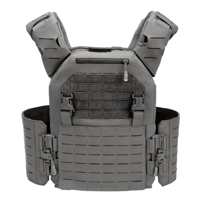 A gray plate carrier with quick release buckles and MOLLE webbing.