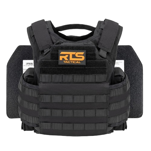 A black RTS Tactical plate carrier with MOLLE webbing and 2 ceramic armor plates.