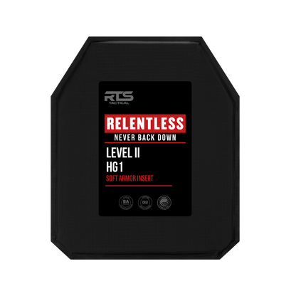 Black tactical armor plate labeled "Relentless, Never Back Down" in bold red and white text. Marked Level II HG1, Soft Armor Insert. Rugged and protective.