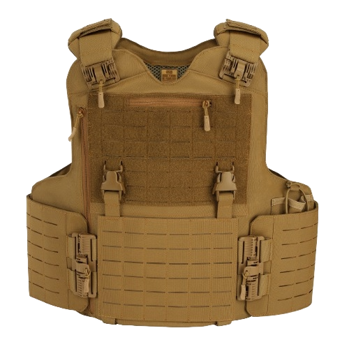 A tan soft body armor vest with quick release buckles and MOLLE webbing.