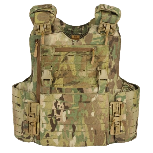 A multicam soft body armor vest with quick release buckles and MOLLE webbing.