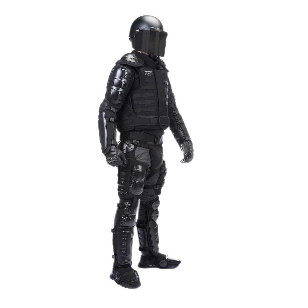 A full-body tactical riot suit in black. 