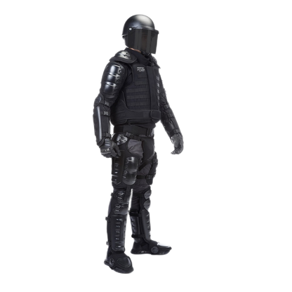 A full-body tactical riot suit in black. 